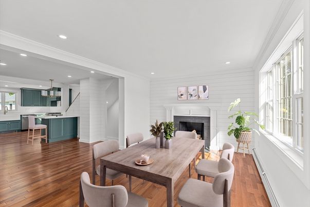 Dining room, Fireplace, Interior, Kitchen, Pendant Lights, Recessed Lighting, Wood Texture Flooring