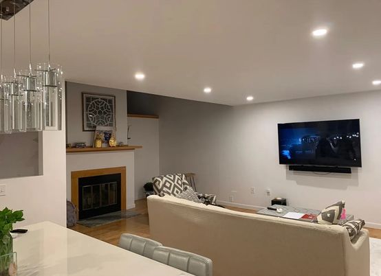 Fireplace, Interior, Living room, Pendant Lights, Recessed Lighting, Wood Texture Flooring