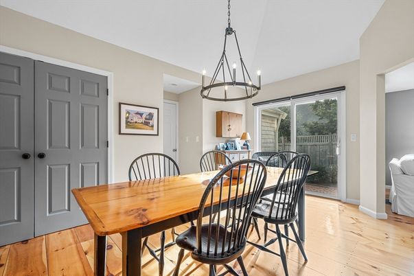 Dining room, Interior, Pendant Lights, Wood Texture Flooring