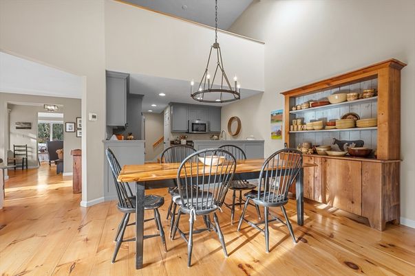 Dining room, Interior, Kitchen, Pendant Lights, Recessed Lighting, Wood Texture Flooring