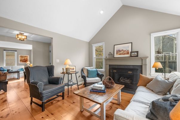 Fireplace, Interior, Living room, Recessed Lighting, Wood Texture Flooring