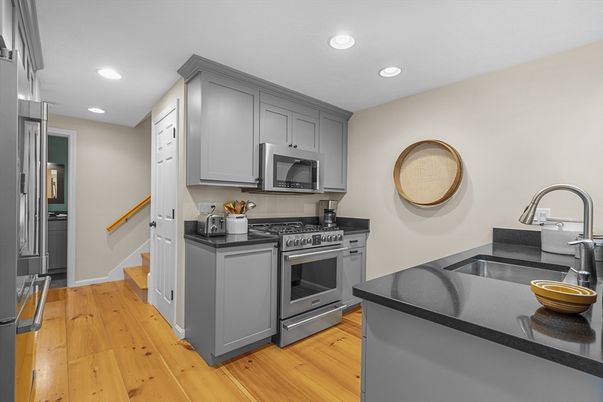 Interior, Kitchen, Recessed Lighting, Stainless Steel Appliances, Wood Texture Flooring