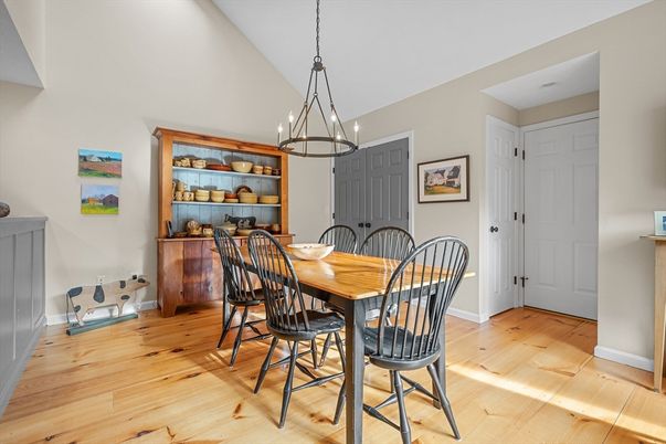 Dining room, Interior, Pendant Lights, Wood Texture Flooring