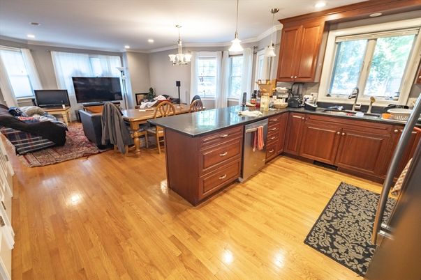 Chandelier, Dining room, Interior, Kitchen, Living room, Pendant Lights, Recessed Lighting, Wood Texture Flooring