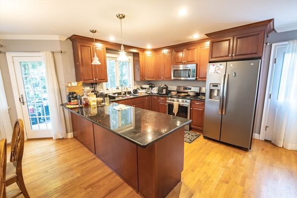Interior, Kitchen, Pendant Lights, Recessed Lighting, Stainless Steel Appliances, Wood Texture Flooring