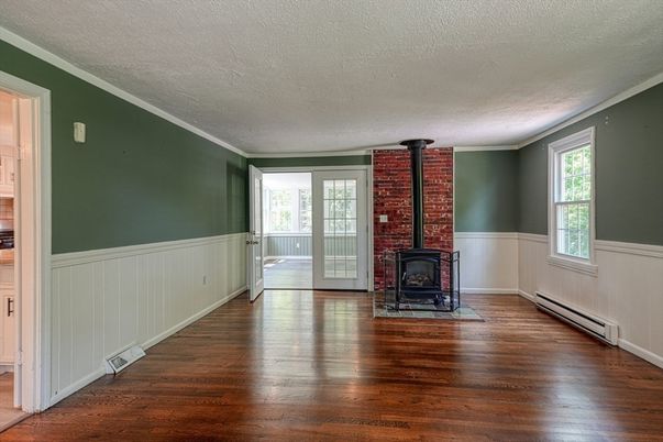 Empty room, Fireplace, Interior, Stone Walls, Wood Texture Flooring
