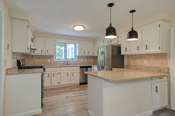 Interior, Kitchen, Pendant Lights, Stainless Steel Appliances, Wood Texture Flooring