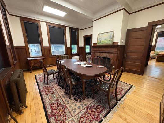 Dining room, Fireplace, Interior, Wood Texture Flooring, Wooden Walls