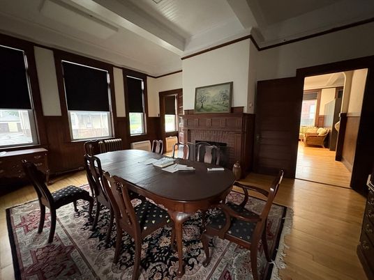 Dining room, Fireplace, Interior, Wood Texture Flooring