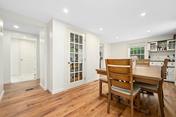 Dining room, Interior, Recessed Lighting, Wood Texture Flooring