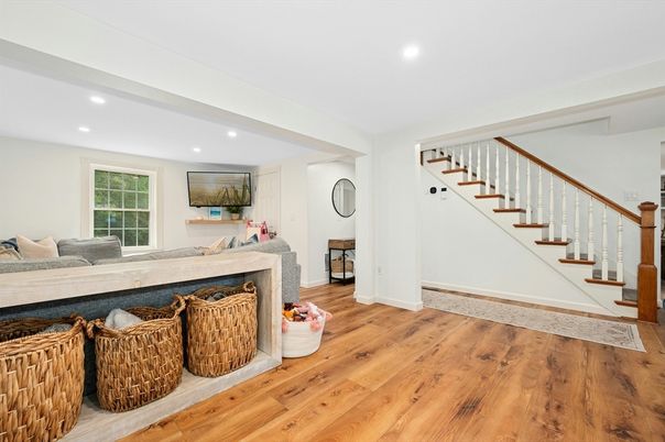 Fireplace, Interior, Recessed Lighting, Wood Texture Flooring