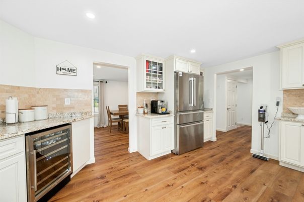 Dining room, Interior, Kitchen, Recessed Lighting, Stainless Steel Appliances, Wood Texture Flooring