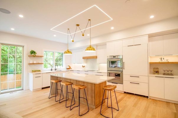 Interior, Kitchen, Pendant Lights, Recessed Lighting, Stainless Steel Appliances, Wood Texture Flooring