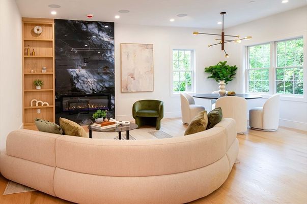Dining room, Fireplace, Interior, Living room, Pendant Lights, Recessed Lighting, Wood Texture Flooring