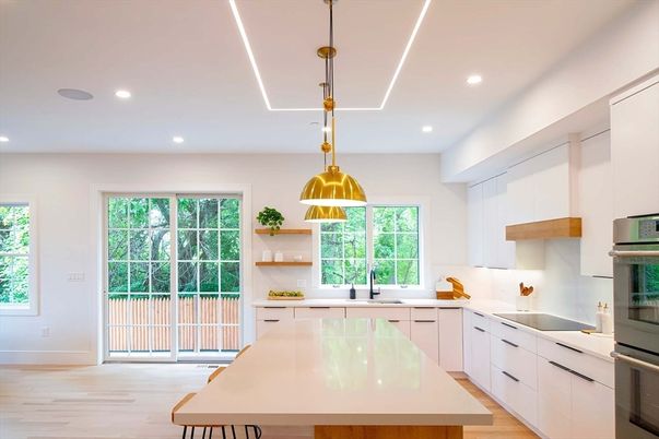 Interior, Kitchen, Pendant Lights, Recessed Lighting, Stainless Steel Appliances, Wood Texture Flooring