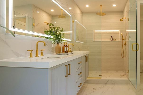 Bathroom, Dual Sink Vanities, Glass Shower, Interior, Marble, Marble Walls, Recessed Lighting