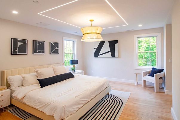 Bedroom, Interior, Pendant Lights, Recessed Lighting, Wood Texture Flooring