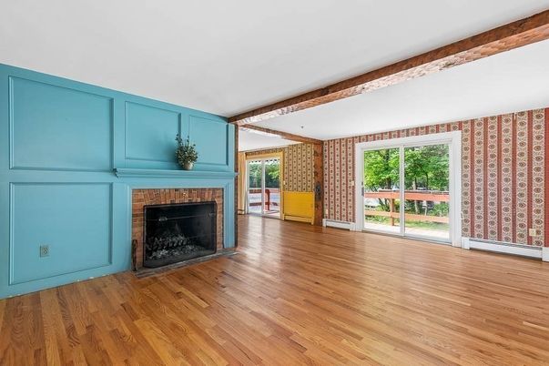 Empty room, Fireplace, Interior, Wooden Beams, Wood Texture Flooring