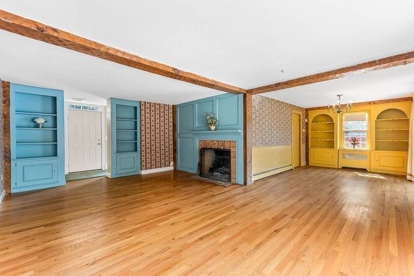 Chandelier, Empty room, Fireplace, Interior, Wooden Beams, Wood Texture Flooring