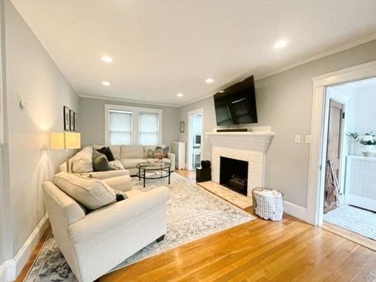 Fireplace, Interior, Living room, Recessed Lighting, Wood Texture Flooring