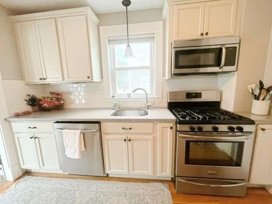 Interior, Kitchen, Pendant Lights, Stainless Steel Appliances, Wood Texture Flooring