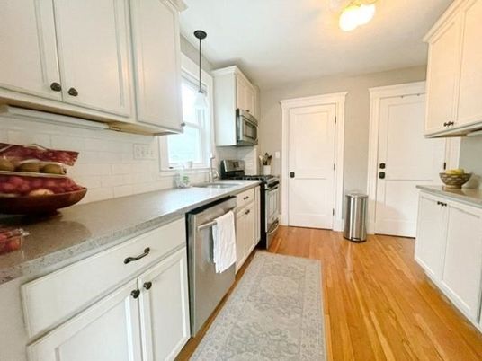 Interior, Kitchen, Pendant Lights, Stainless Steel Appliances, Wood Texture Flooring