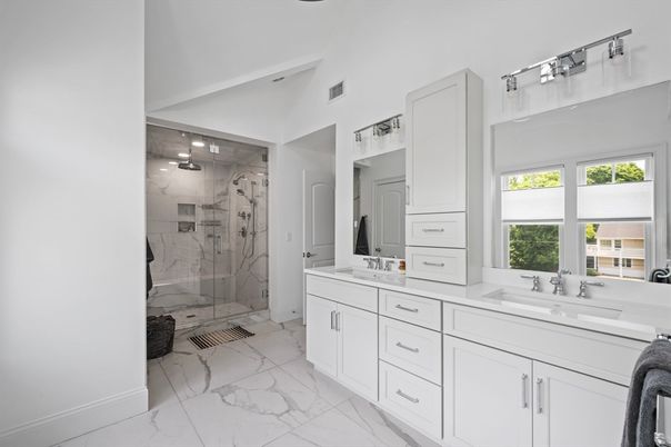 Bathroom, Dual Sink Vanities, Glass Shower, Interior, Marble, Marble Walls
