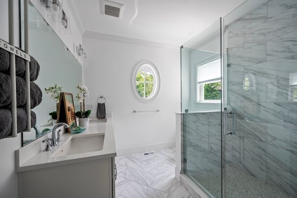 Bathroom, Glass Shower, Interior, Marble, Marble Walls