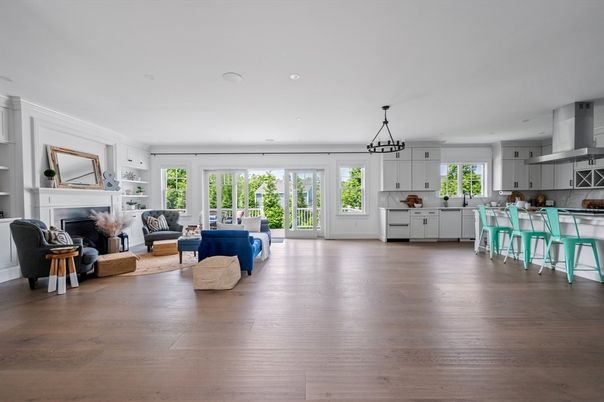 Fireplace, Interior, Kitchen, Living room, Pendant Lights, Recessed Lighting, Wood Texture Flooring