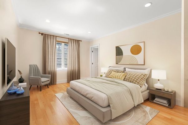 Bedroom, Interior, Recessed Lighting, Wood Texture Flooring