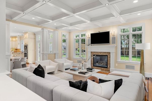 Fireplace, Interior, Kitchen, Living room, Recessed Lighting, Stainless Steel Appliances, Wood Texture Flooring