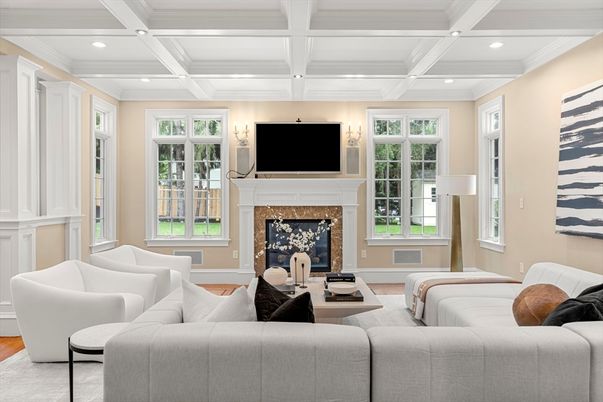 Fireplace, Interior, Living room, Recessed Lighting, Wood Texture Flooring