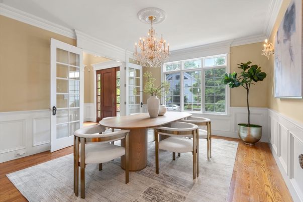 Chandelier, Dining room, Interior, Wood Texture Flooring