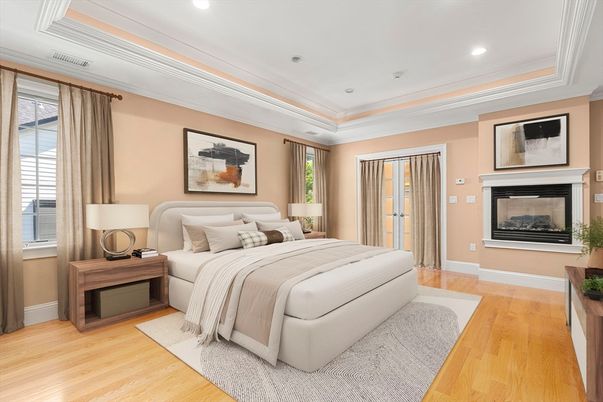 Bedroom, Fireplace, Interior, Recessed Lighting, Wood Texture Flooring