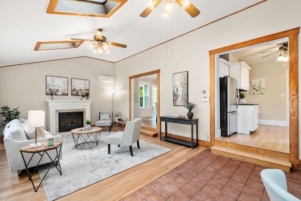 Fireplace, Interior, Kitchen, Living room, Wood Texture Flooring