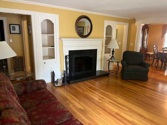 Dining room, Fireplace, Interior, Living room, Wood Texture Flooring