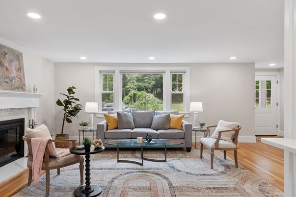 Fireplace, Interior, Living room, Recessed Lighting, Wood Texture Flooring