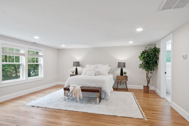 Bedroom, Interior, Recessed Lighting, Wood Texture Flooring