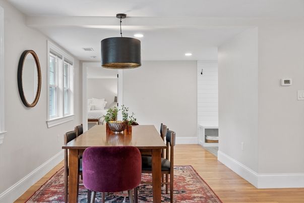 Dining room, Interior, Pendant Lights, Recessed Lighting, Wood Texture Flooring