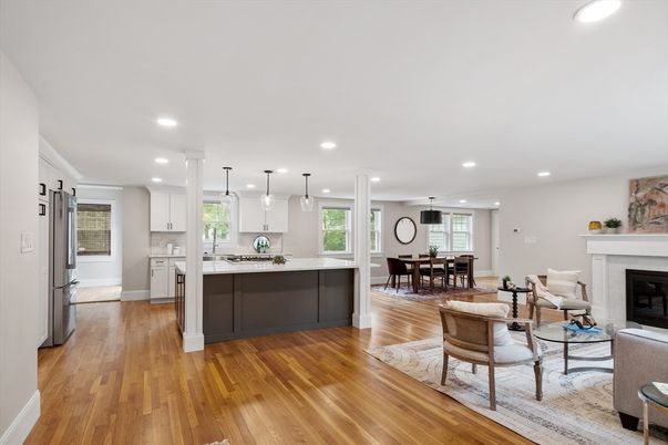 Dining room, Fireplace, Interior, Kitchen, Living room, Pendant Lights, Recessed Lighting, Wood Texture Flooring
