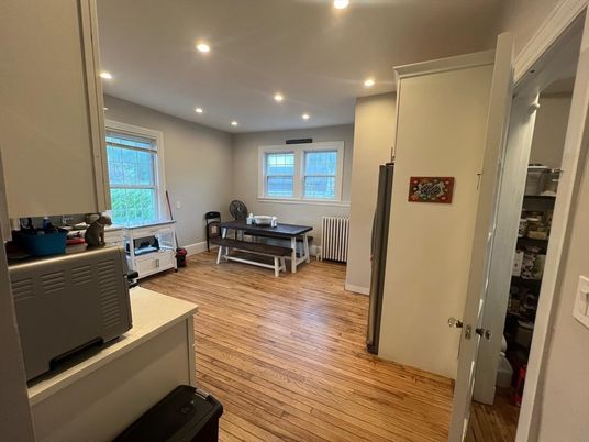Dining room, Interior, Recessed Lighting, Wood Texture Flooring