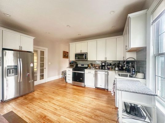 Interior, Kitchen, Recessed Lighting, Stainless Steel Appliances, Wood Texture Flooring