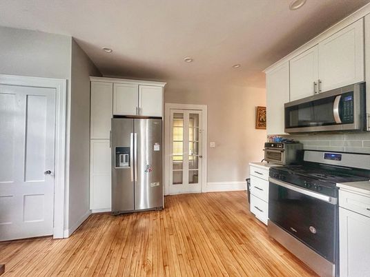Interior, Kitchen, Recessed Lighting, Stainless Steel Appliances, Wood Texture Flooring
