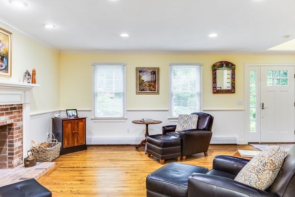 Fireplace, Interior, Living room, Recessed Lighting, Wood Texture Flooring