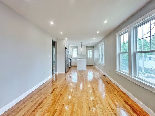 Empty room, Interior, Kitchen, Pendant Lights, Recessed Lighting, Wood Texture Flooring