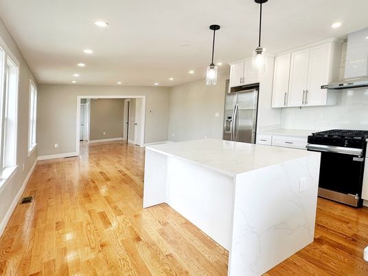 Interior, Kitchen, Marble Walls, Pendant Lights, Recessed Lighting, Stainless Steel Appliances, Wood Texture Flooring