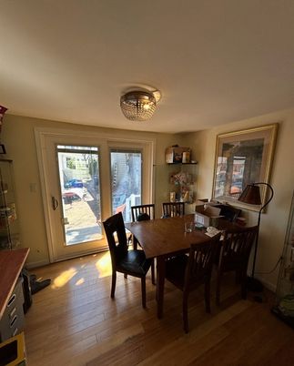 Chandelier, Dining room, Interior, Wood Texture Flooring