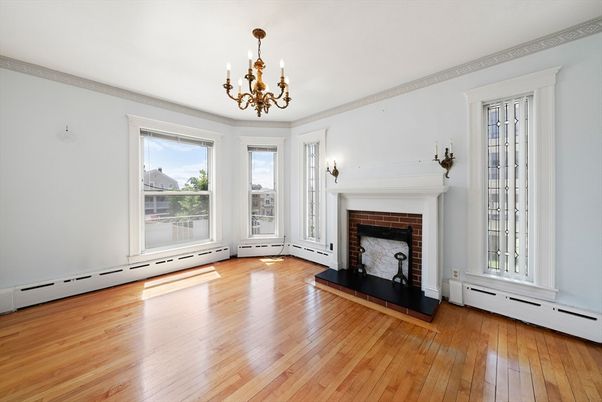 Chandelier, Empty room, Fireplace, Interior, Wood Texture Flooring