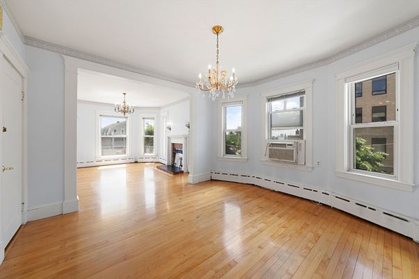 Chandelier, Empty room, Fireplace, Interior, Wood Texture Flooring