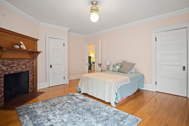Bedroom, Fireplace, Interior, Wood Texture Flooring
